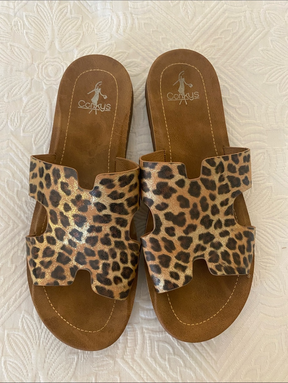 Corkys Leopard-Pattern Slide Sandals in Brown and Black